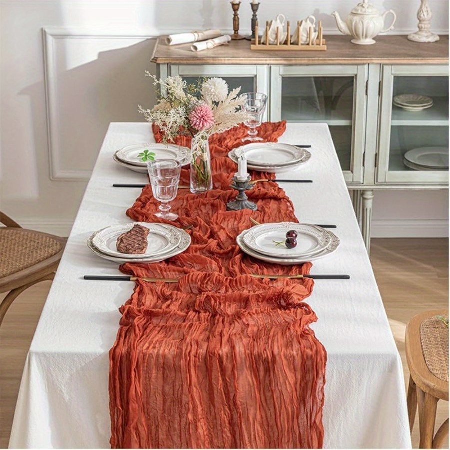 

6pcs Set, Autumn Cheesecloth Table Runner Bohemian Gauze Table Runner 35 Inches Wide Gauze Runner, Used For Wedding Birthday 's Shower Party Bohemian Table Decoration