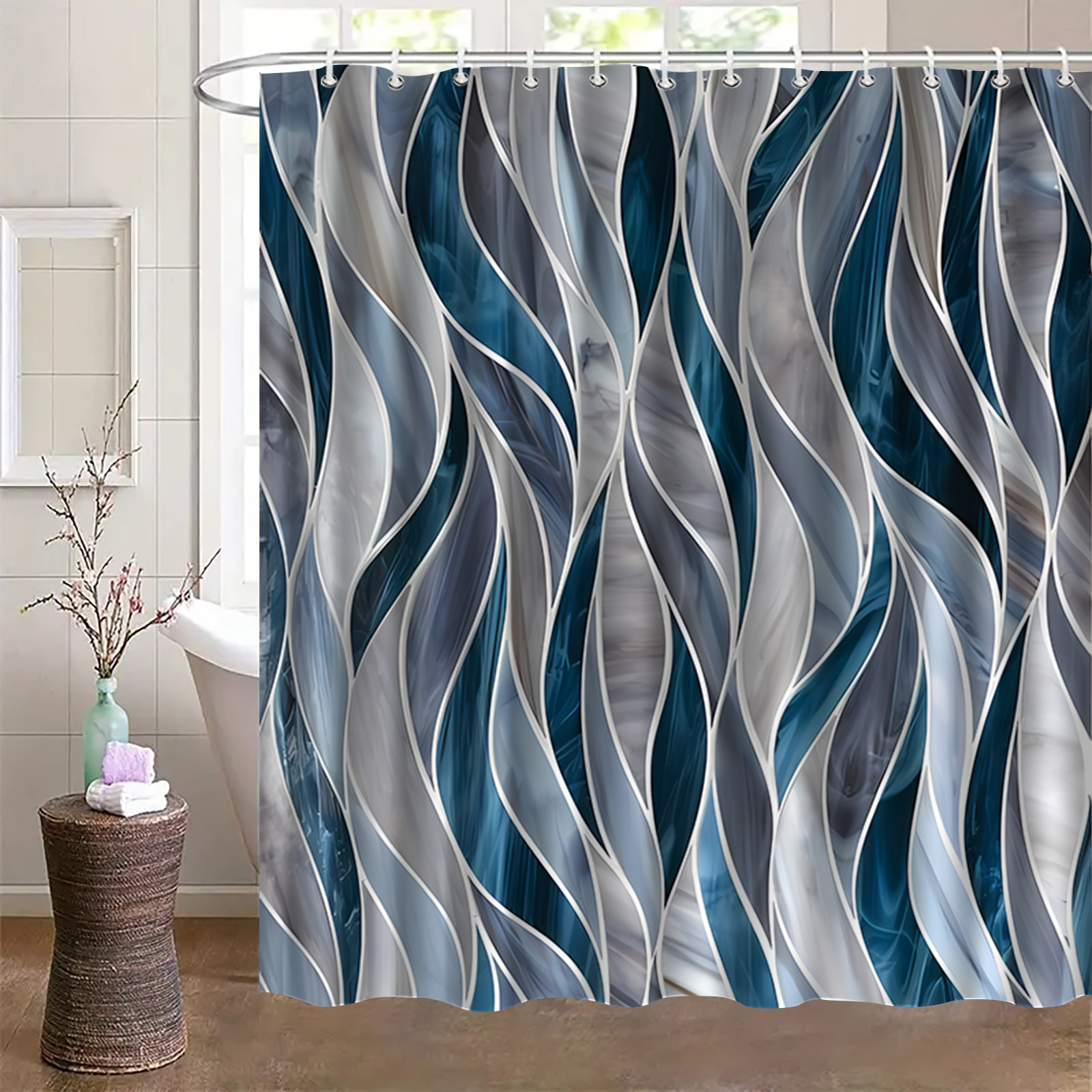 Striped Pattern Printed Shower Curtain with Hooks