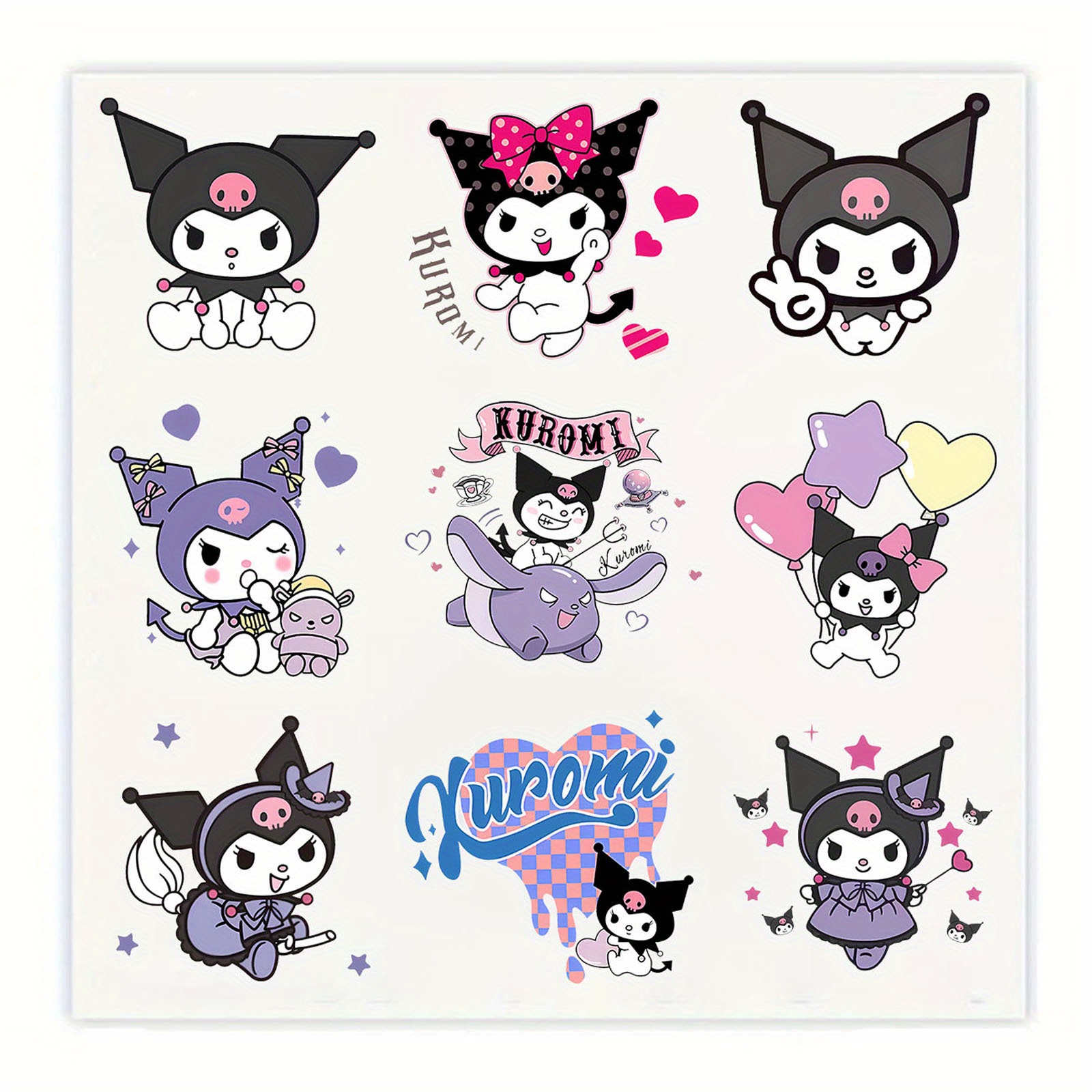 Image of 9pcs/sheet Kuromi Iron-on Heat Transfer Stickers Cartoon Decal Patches For T-shirt, Pillow Cover Decor, Washable Heat Transfer Stickers, T-shirt Decoration, Gift(clothes Not Included)