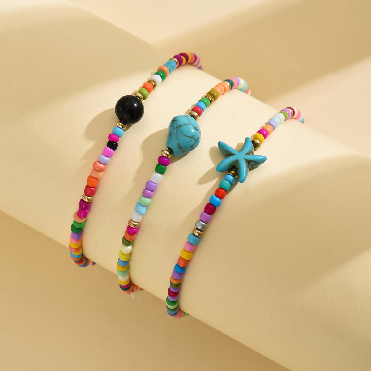 3pc Women's Beach Layered Glass Bead Ankle Bracelets Set