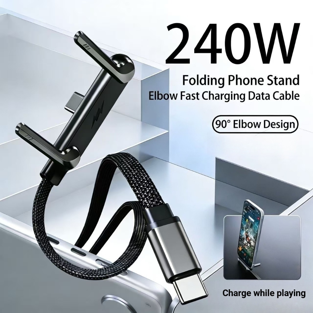max 240w foldable phone stand data cable dual type c super fast charging elbow braided cable holds   phones usb data transmission