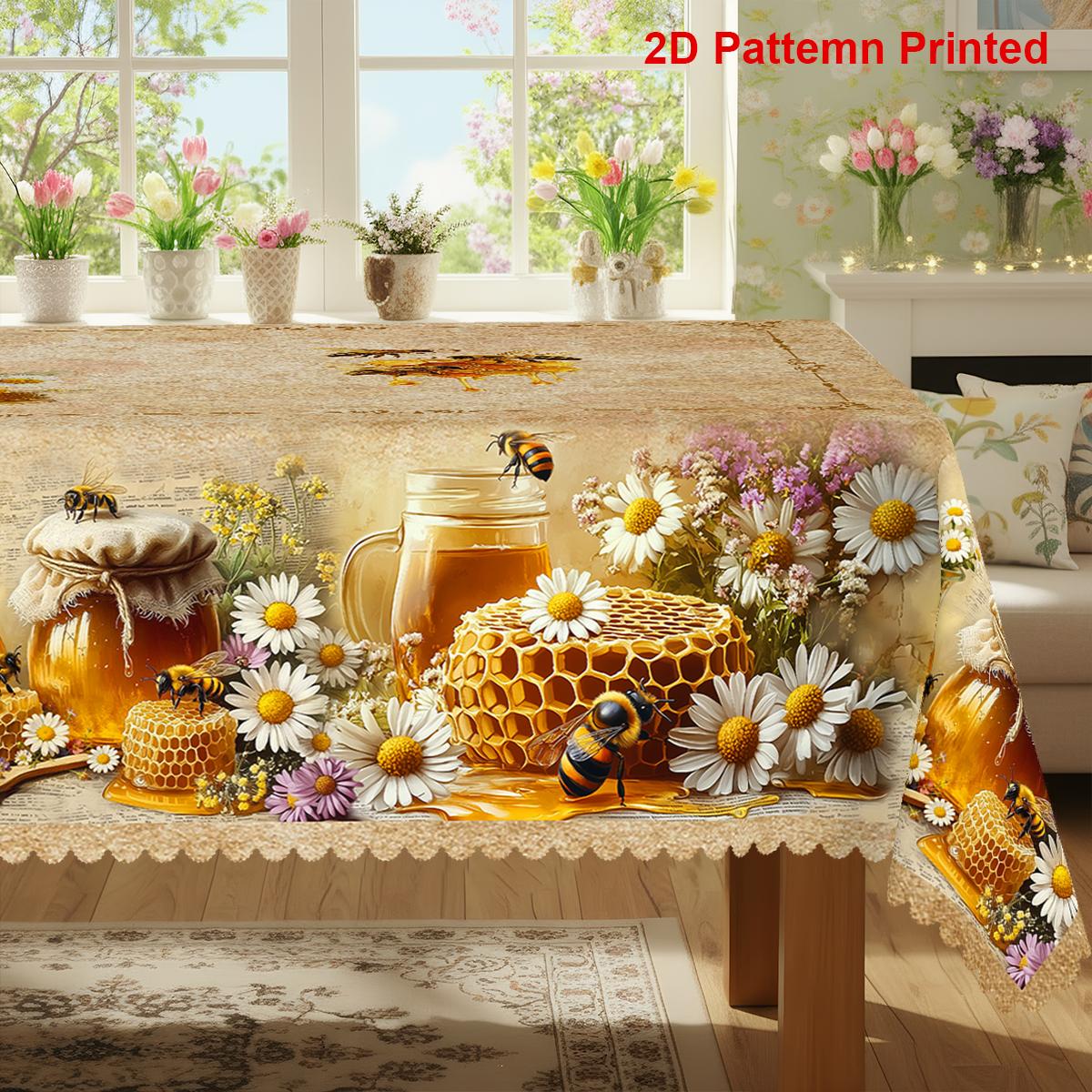 TEMU 1pc 2d Printed Bee-themed Party Tablecloth, Featuring A Vintage Honeycomb Daisy Floral Print Design For Spring And Summer. In Square And