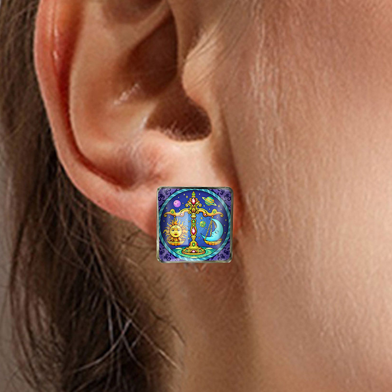 2Pairs Retro Sun Moon Balance Pattern Square Stud Earrings, Gift Set