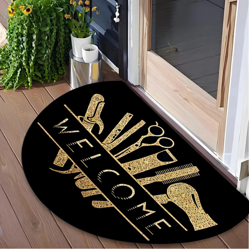 TEMU 1pc Of A 2d Flat Door Mat Featuring A Black And Hair Pattern, Easy To Clean And Ideal For Indoor And Outdoor Settings. Its Semi-circular Shape