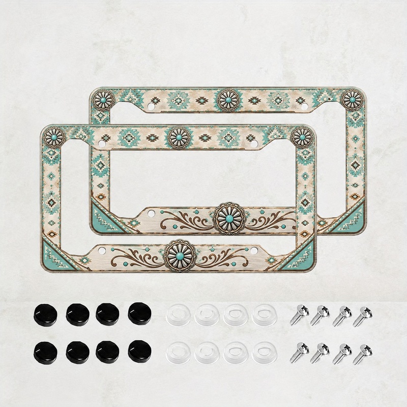 TEMU 2-pack Aluminum License Plate Frames With Turquoise Western Mandala Print, Vintage Cowgirl Car Truck Suv Tag Holder With Screws And Caps