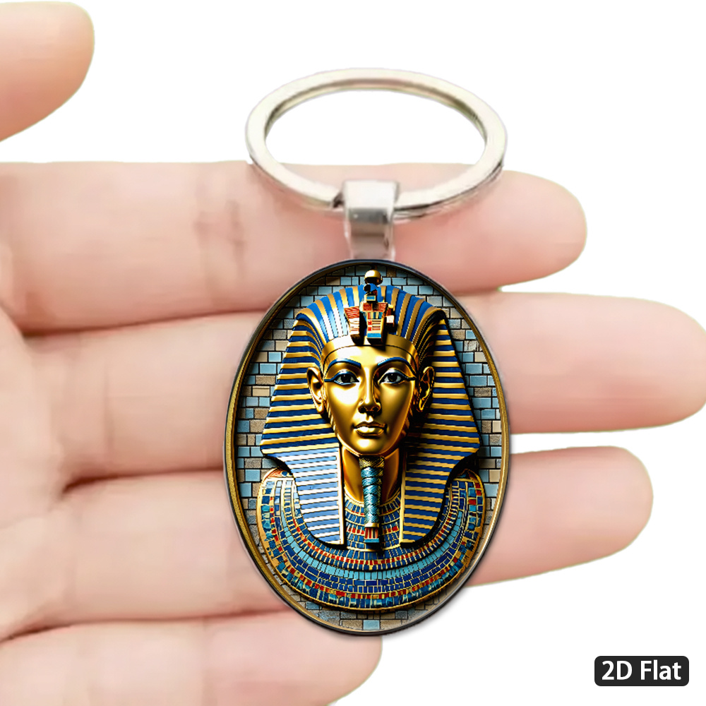 TEMU 2d Flat - 1pc 2d Flat, A Keychain In The Mosaic Style Of The Ancient , Featuring An Exquisite Blue And Golden Headdress Design. This Ornament Is