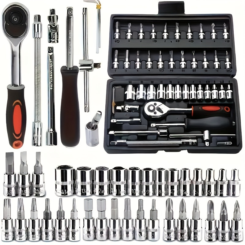 Juego de Herramientas Mecánicas de 46 Piezas, Tamaños SAE y Métricos 1/2", 1/4", 3/8" con Llave de Carraca de 72 Dientes, Ideal para Autos, Hogares y Bicicletas