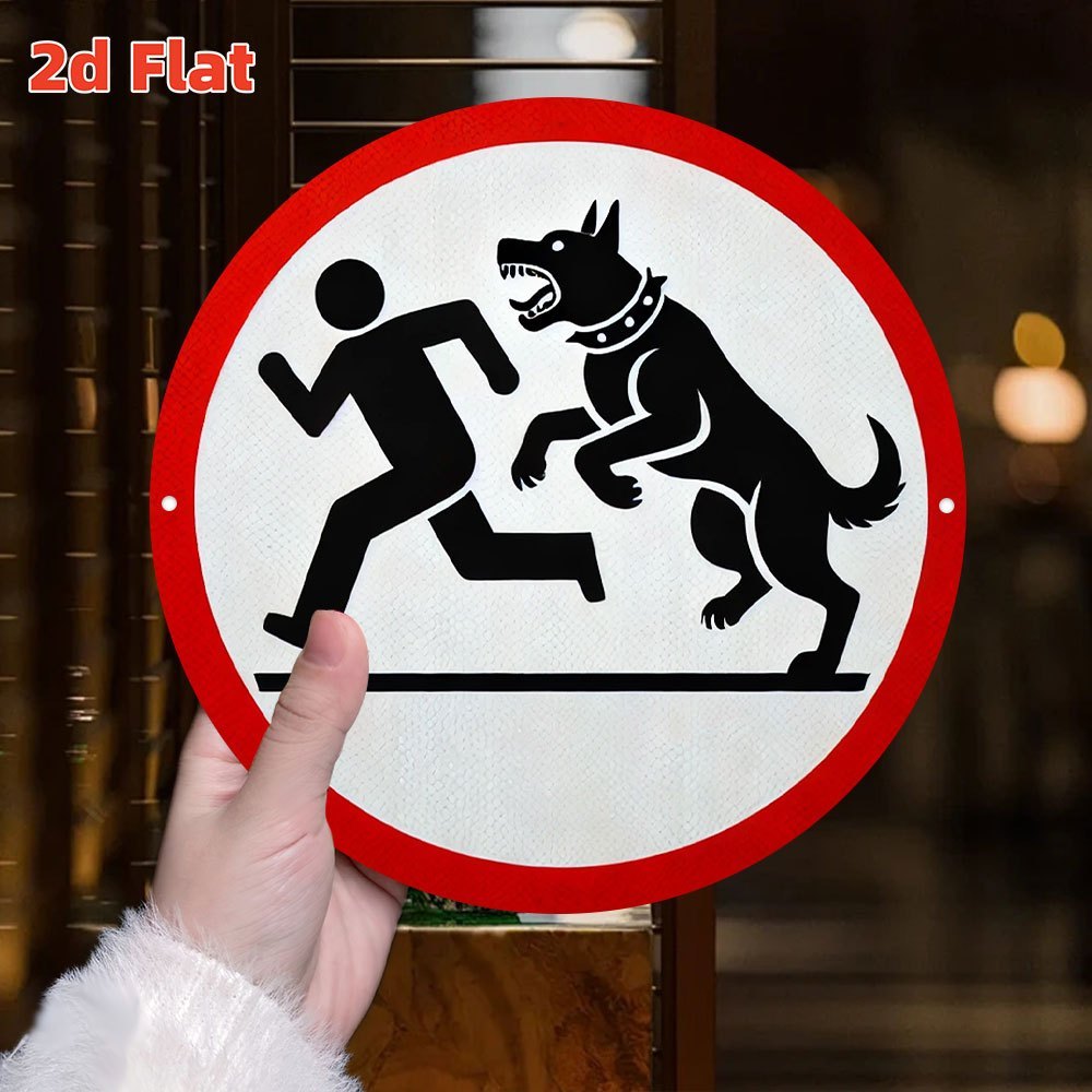 E-shop 2D Flach, Humorvolles Hundewarnschild - Retro Runde Aluminiumplakette mit Rotem Rand & Schwarzen Hundesilhouetten, Lustige -Dekoration geeignet