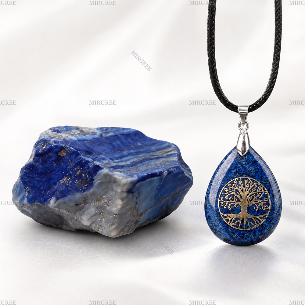 Image of Mirgree Natural Stone Set With Tree Of Life Accent, Protection-inspired Blue Stone, Inner Strength Mindful Gift