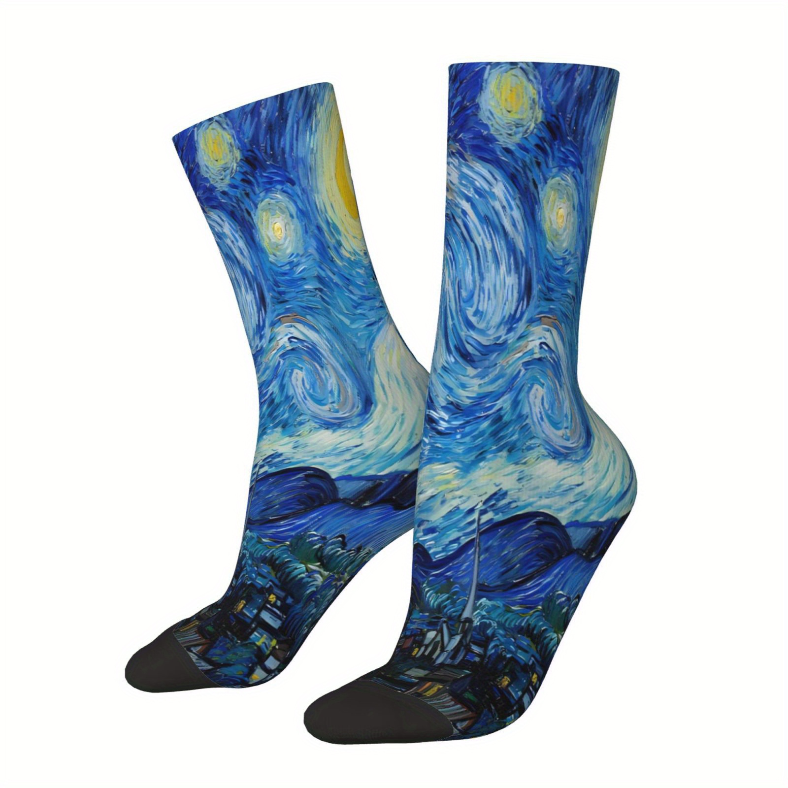 TEMU A Pair Of Unisex Outdoor Socks Featuring A Van Gogh Starry Night Pattern, Mid-calf Length, Machine Washable, Suitable For Outdoor Sports