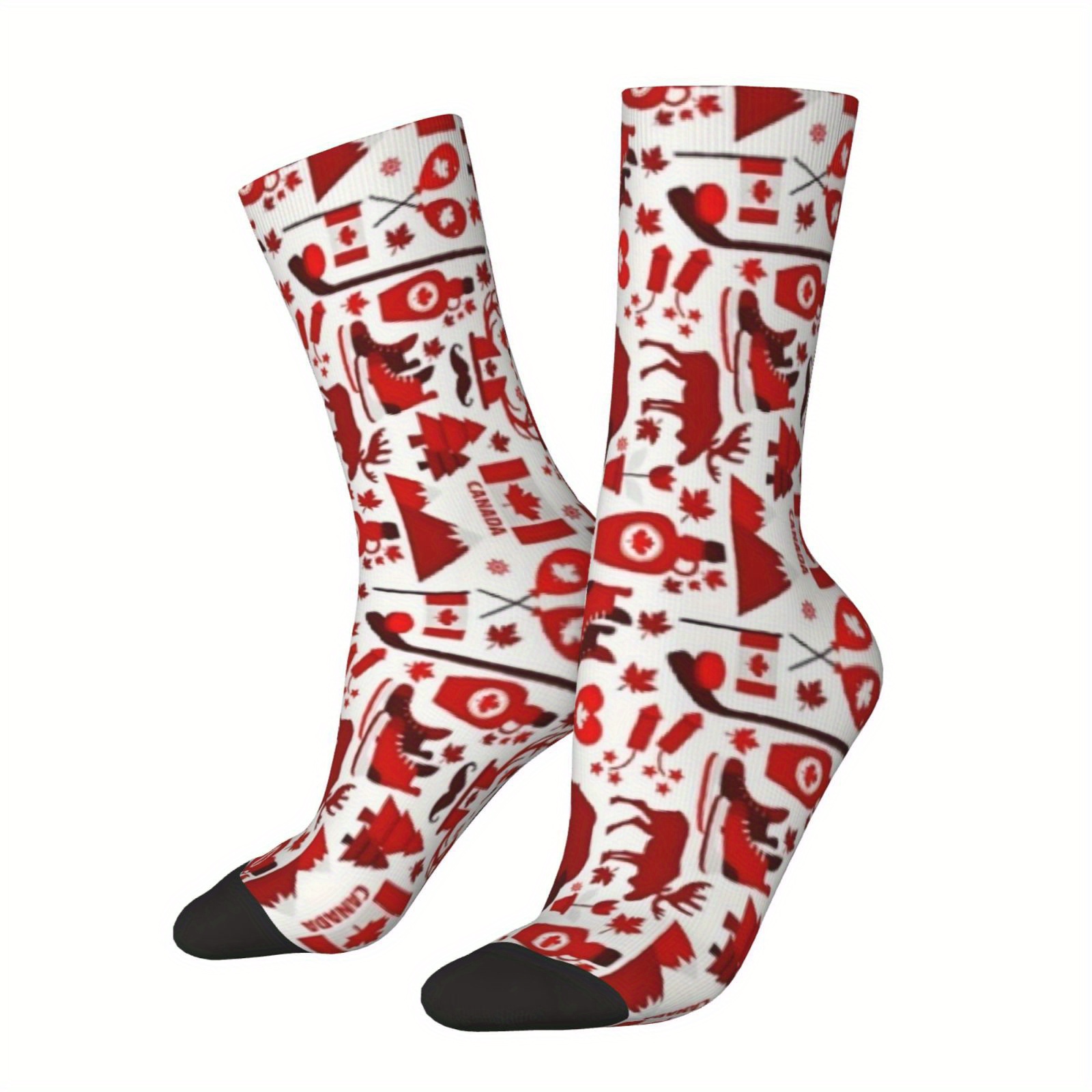 TEMU Une paire de chaussettes à base blanche avec des d' d'inspiration canadienne, dégageant un riche charme