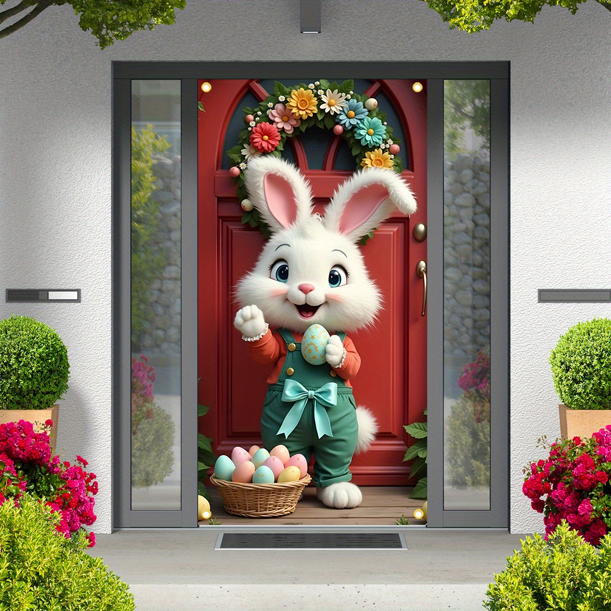 

2d Door Banner 1pc Easter Bunny Door Cover Banner - Polyester Hanging Sign With Wreath, Multipurpose For Indoor & Outdoor Party Decorations, Universal Holiday Banner For All , No Electricity Needed