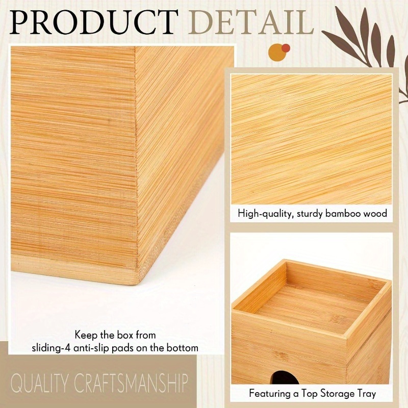 bamboo tissue box cover with storage tray 6x6x7 4 inch decorative cube organizer natural wood tissue holder for office bedroom home decor gift Product details 3