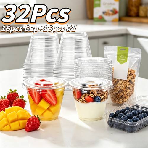 32pcs set of transparent plastic dessert cups 16 cups 16 lids non pierced cup lids universal for ice cream cake fruit cold drinks smoothies pudding and salad
