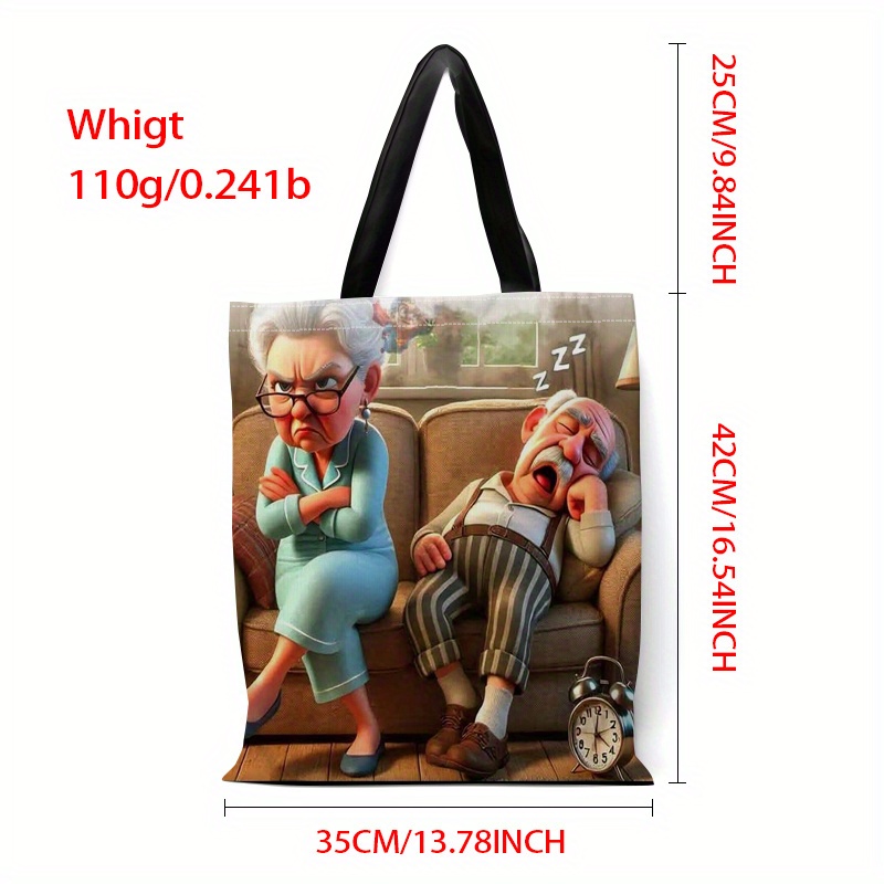 TEMU 1pc Vintage-inspired Canvas Tote Bag With Angry Grandma & Grandpa Design - Large Capacity, Foldable, Reusable Shopping Bag With Durable Shoulder