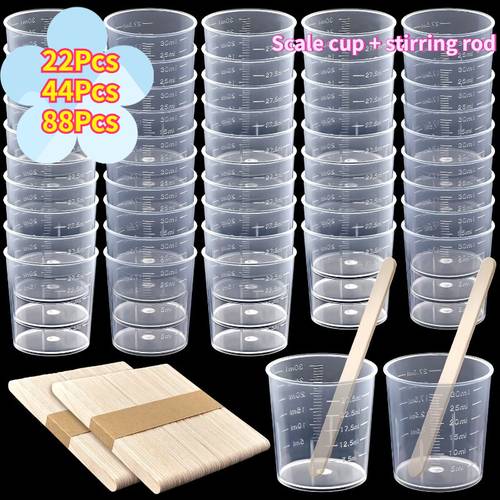 22 44 88pcs 60ml 2 0oz plastic small measuring cups with scale measuring cup set plastic scale cup and mixing rod for disposable use to used for mixing measurement kitchen cooking baking making painting