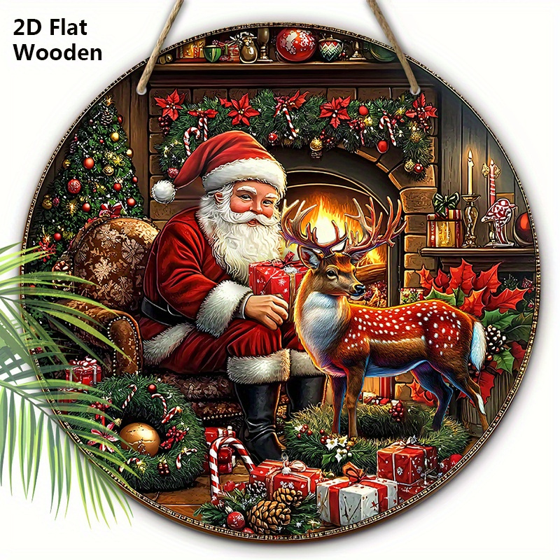 Image of 2d Flat Classic Santa Claus Fireplace Deer Wooden Christmas Ornament - 1pc Happy Christmas Round Sign For Front Door Wall Hanging Decor Ideal Christmas Decoration - Art