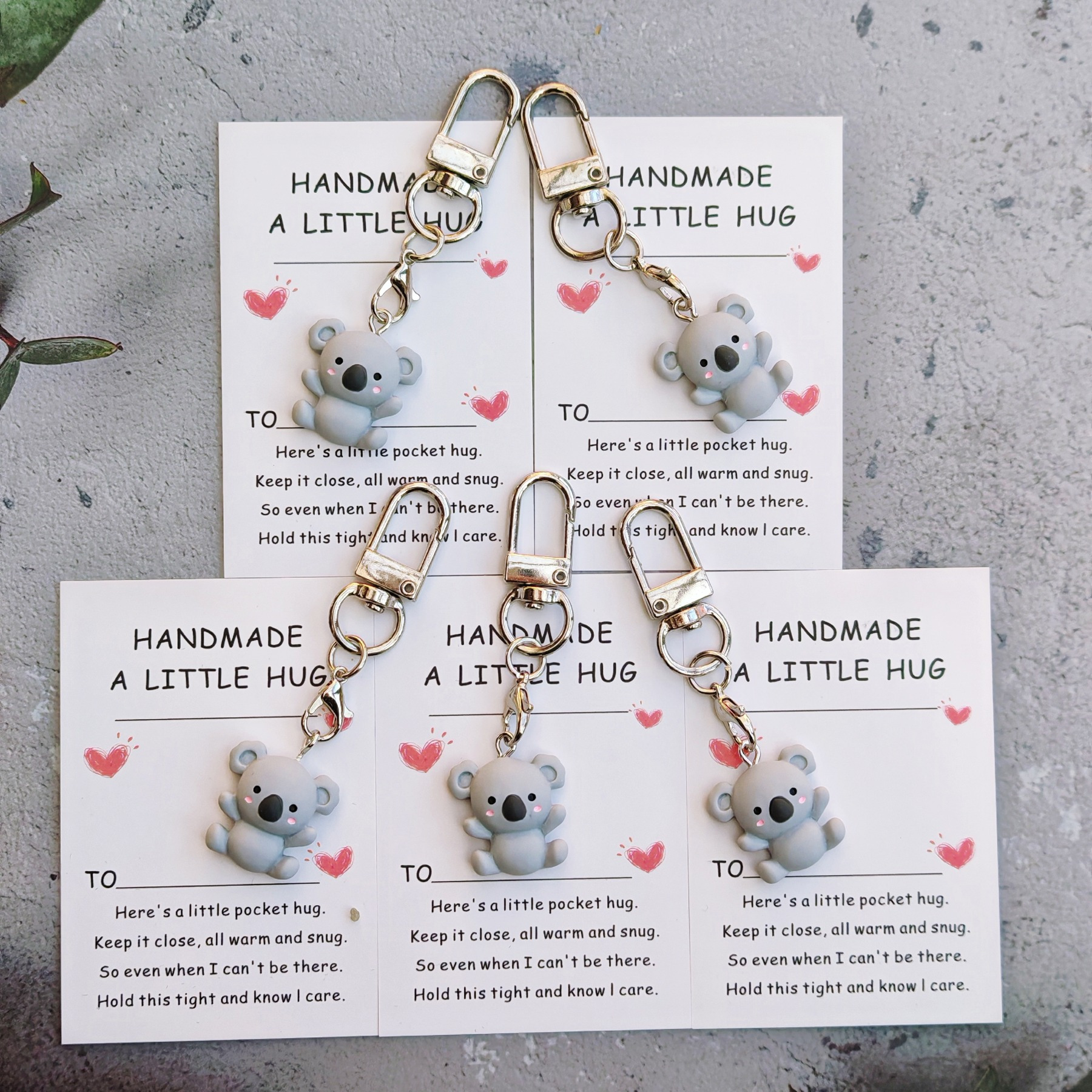 

5pcs Handmade Koala Pocket Hug Keychains With Inspirational Cards - Stainless Steel Split Ring Charms For Christmas, New Year, Birthday, Valentine's Day Gifts And Accessories