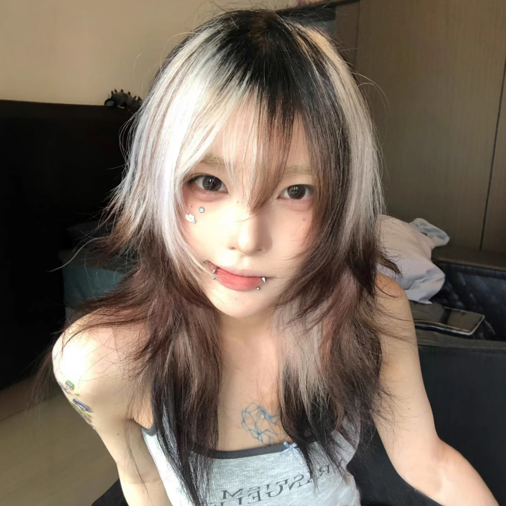 TEMU [コーヒーココア] 前髪付き 鎖骨丈 マレットカット ウルフテールスタイル おしゃれなコーヒーとホワイト フルヘッドカバースタイル レディースウィッグ