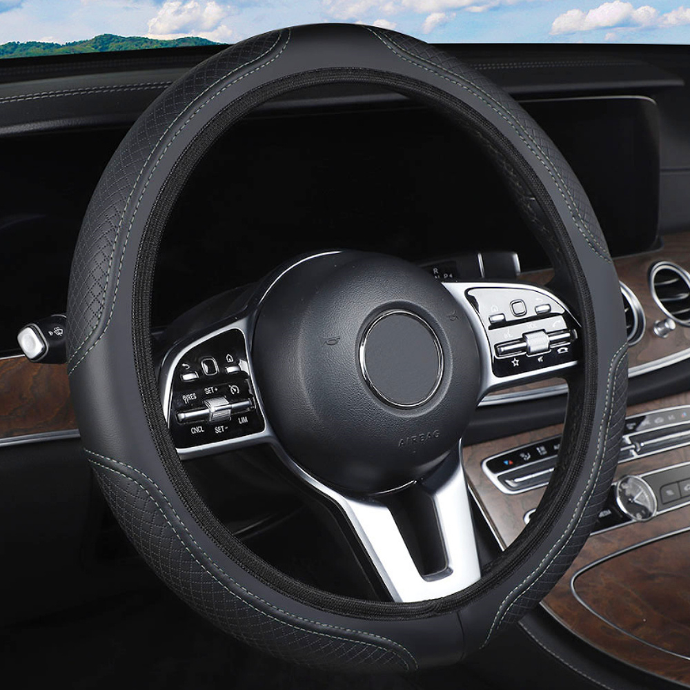 TEMU 1pc Faux Leather Anti-slip Car Steering Wheel Cover Embossed Style Car Interior Additions