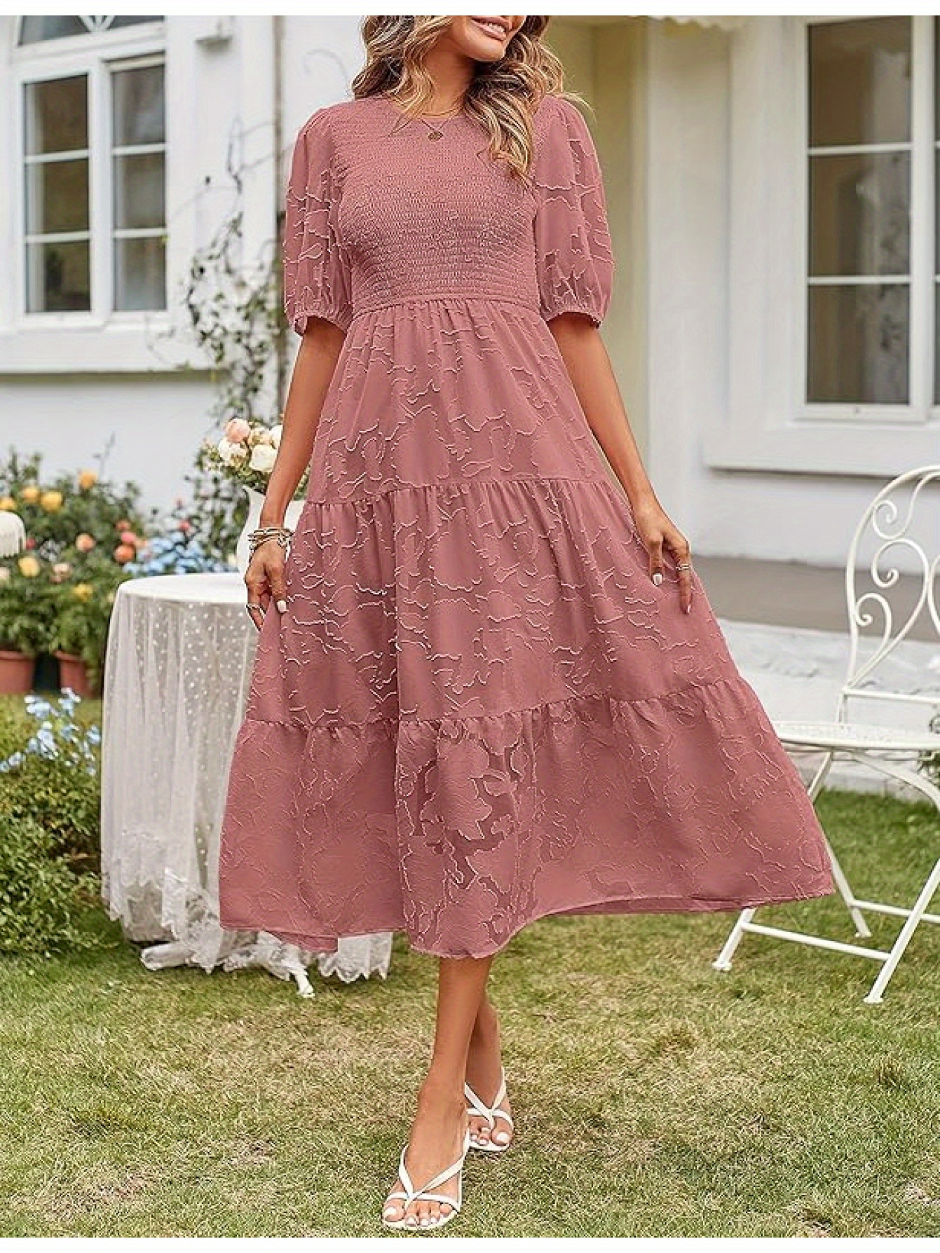 Women'S 2025 Summer Puff Sleeve Smocked Floral Dress Crewneck Lace Flowy  Tiered Midi Dress