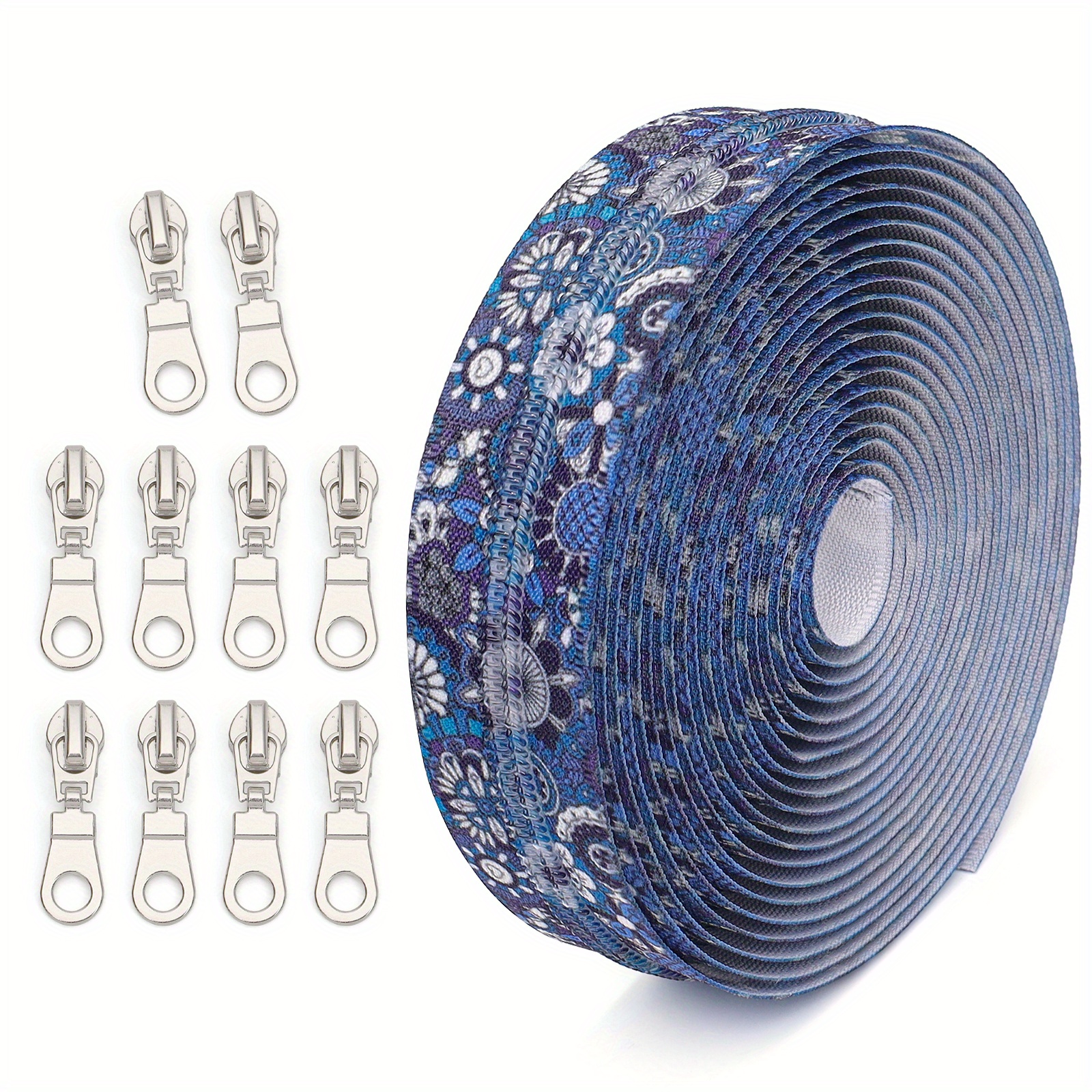 Image of 1 Set = 4.5 Meters 5 Yards Zipper With 10 Zipper Pulls, #5 Nylon Zipper, Light Golden Or Silvery Puller, Blue Floral Print, Suitable For Suitcase Outerwear Home Storage