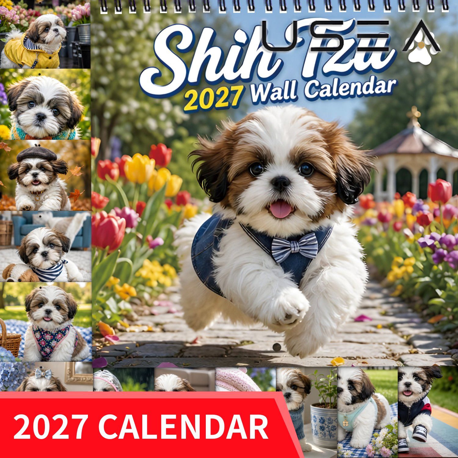 TEMU Calendrier mural 2027 à suspendre, reliure spirale à double fil, agenda mensuel, grands blocs inscriptibles, thème chien Shih Tzu avec floral,