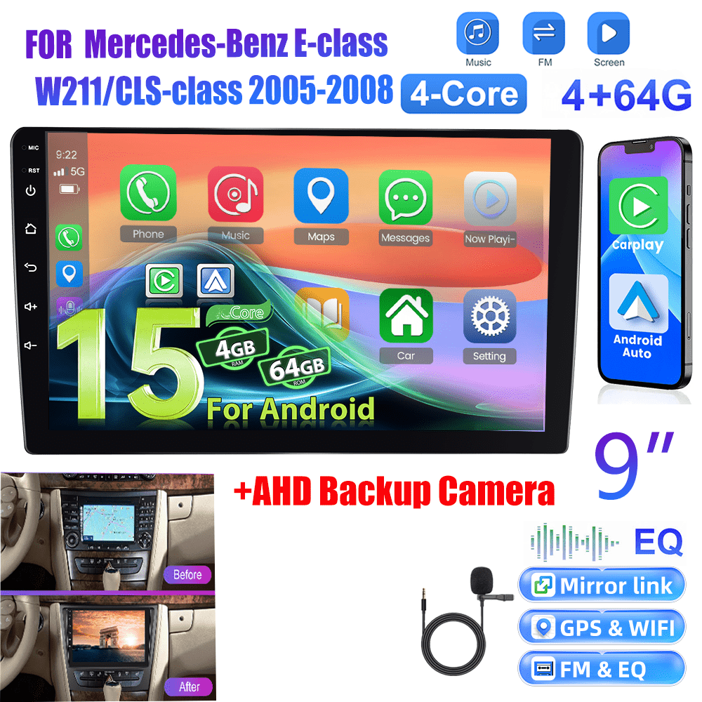 15 Car Stereo With 4+64g For Mercedes-benz / From 2005 To 2008, Featuring A 9-inch 1280p Ips Touchscreen Radio, , Auto, Ai Dsp, Fm, Rds, 32eq, Wireless, Gps, Wifi, Steering Wheel Control