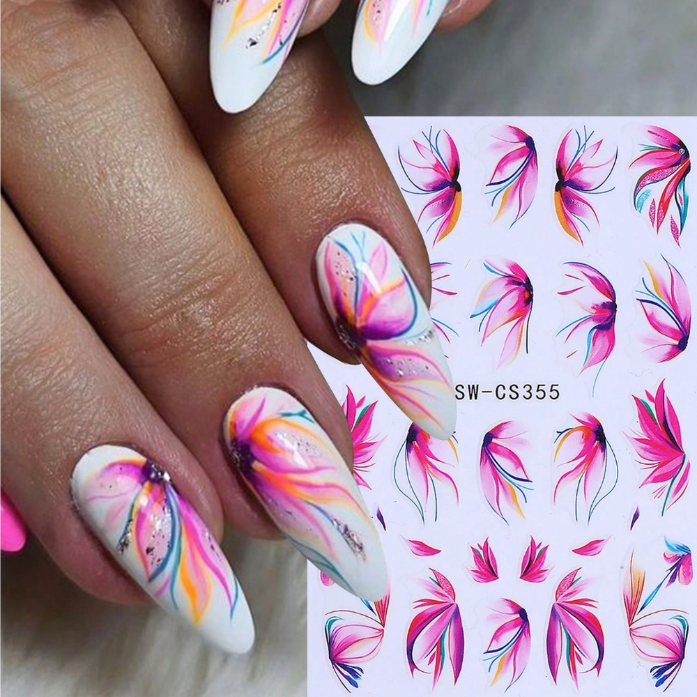 1pc Summer Tropical Floral Nail Stickers Pink Flower Petal Nail Decals Self-adhesive Design Manicure Decor For Nail Art Decoration