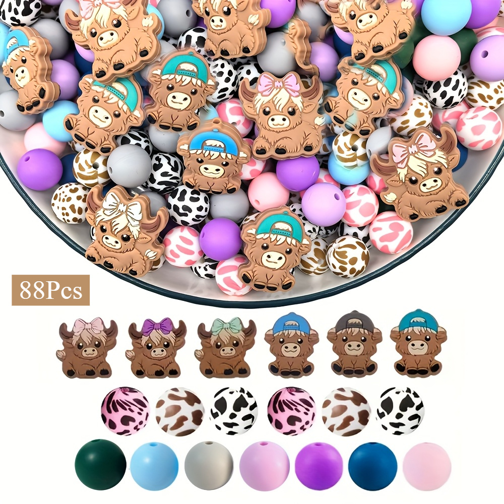 TEMU 88pcs Cute Silicone Cow Wearing Hat Printed Silicone Beads Set, Cartoon Cute Animal Cow Design 15mm Round Beads For Making Bracelets, Necklaces,