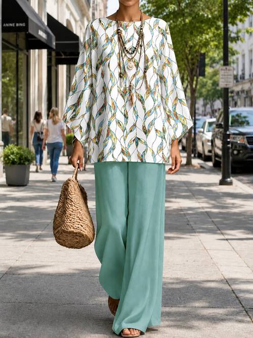 womens leaf print two piece set crewneck loose long sleeve wide leg pants boho vacation streetstyle suitable for casual sports