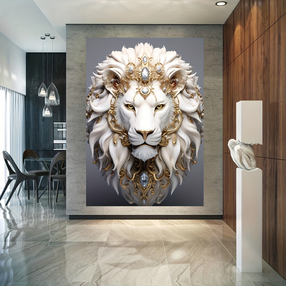 

Modern Lion Canvas Art Print With Metallic Accents - Ready To Hang, Wooden-wrapped Wall Decor For Living Room, Home Gift, 1.2" , Room Decor