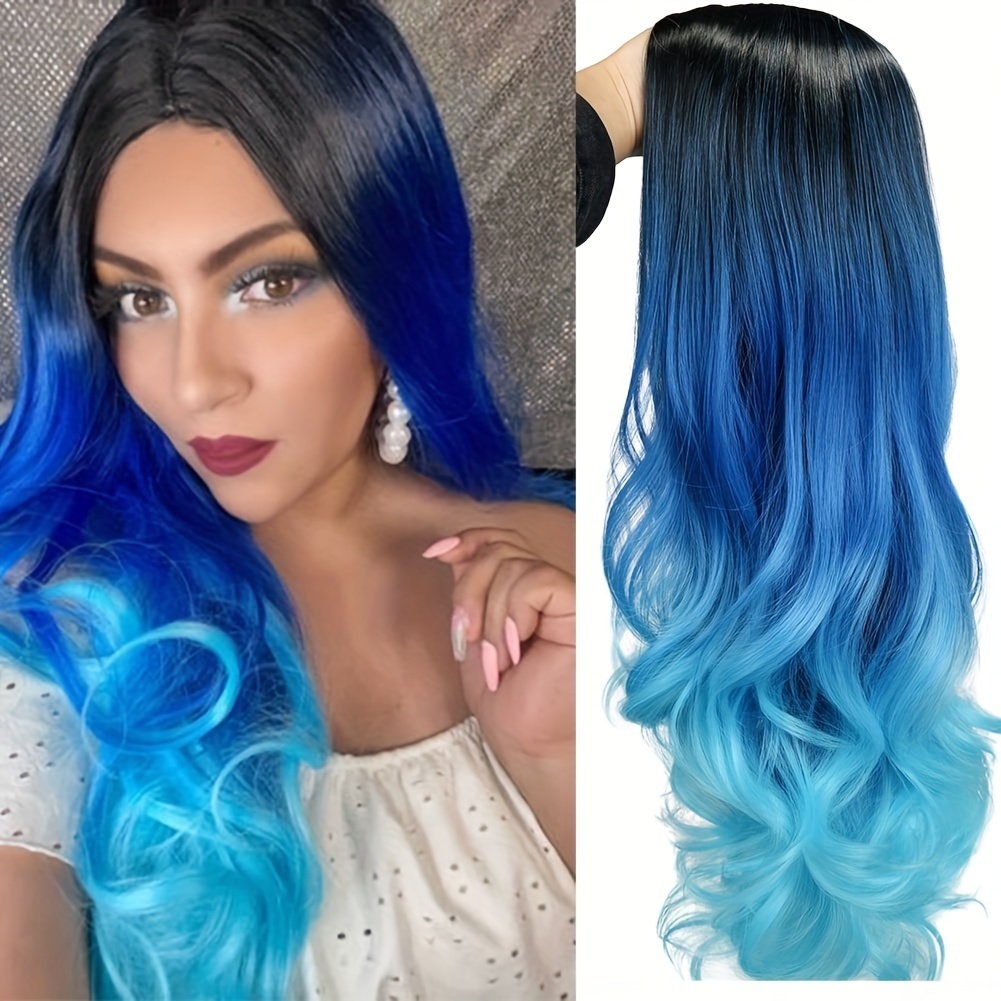 long wavy ombre wig women featuring a middle part a blue - Temu display picture 2