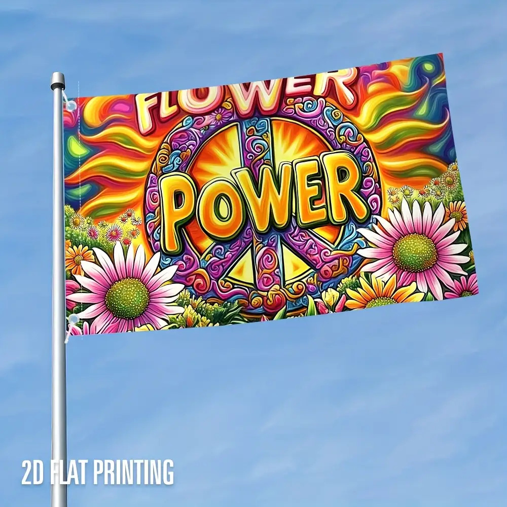 TEMU 2D Plat Tuinvlag – Hippie Flower Power Vlag met Levendig Psychedelisch Design, Vredestekens & Bloempatronen, Duurzaam Polyester voor Binnen- en