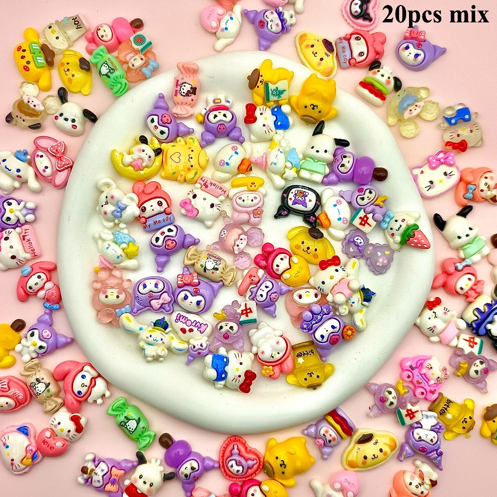 E-shop 20 Stück Sanrio Charaktere inklusive Kuromi, Melody, Cinnamoroll und Pompom Hello Kitty Cartoon Harz Zubehör, geeignet für die Herstellung von