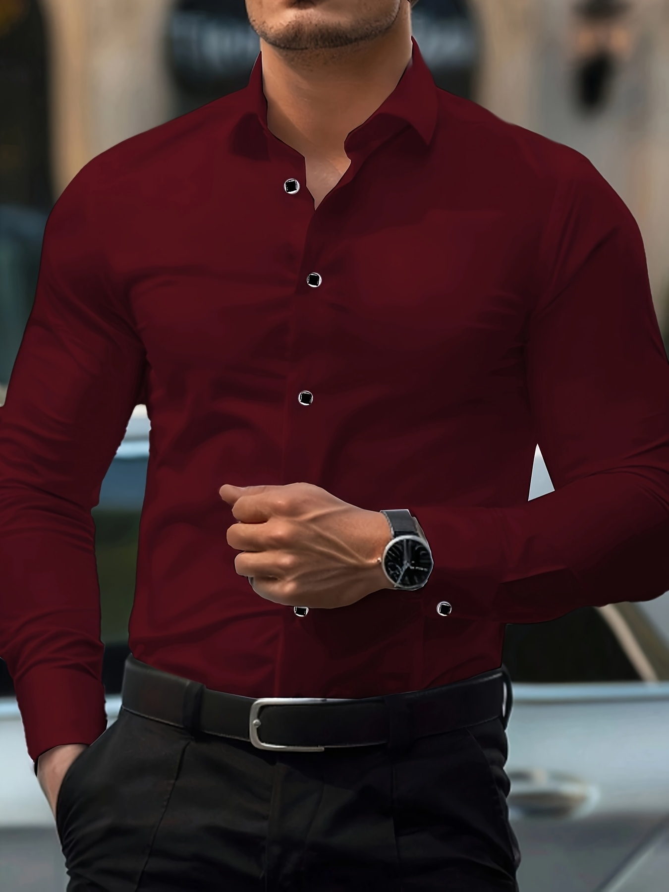 Camisa negra de manga larga para hombre con diseño geométrico - Corte ajustado, material ligero, ideal para eventos casuales o formales, top versátil | Look elegante | Tacto suave
