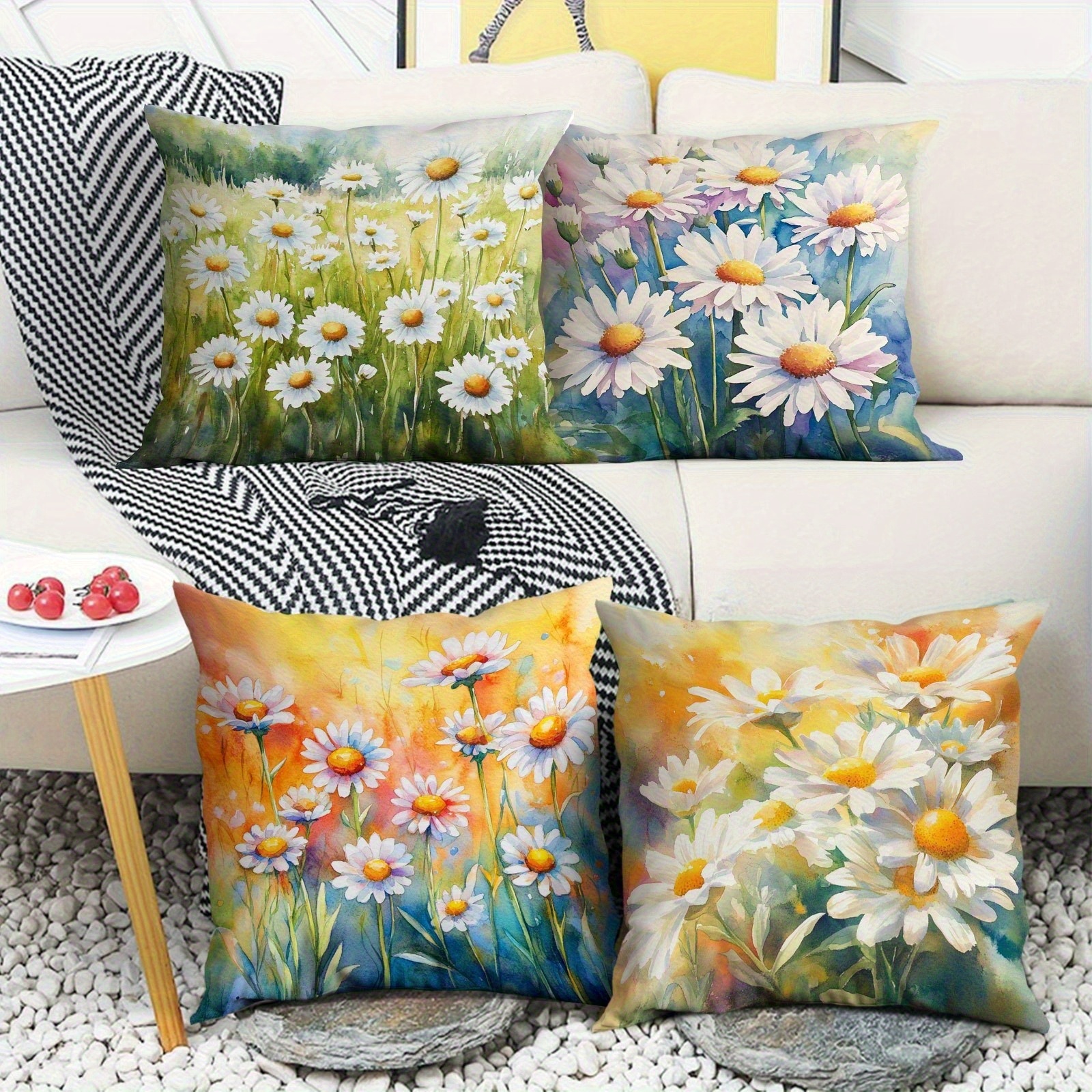 4pcs vintage daisy decorative pillow covers double sided 2d printed soft plush cushion covers with zipper closure machine washable multiple sizes for living room bedroom sofa pillow covers for living room bedroom accessories retro   durable fabric cover 2d flat Product details 0