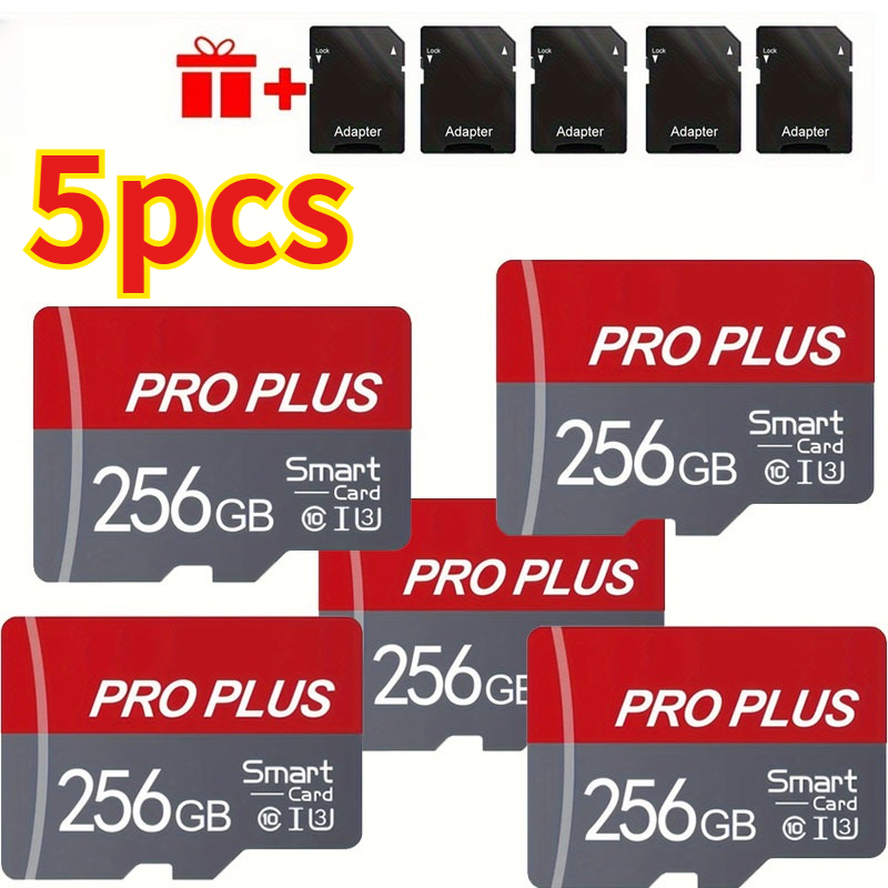 TEMU 5-pack 256gb Tf Sdxc Memory Cards, Uhs- 10 A1 High Speed, Secure Storage, Includes Pro Plus Sd Adapter, Compatible With Tablets, Cameras,