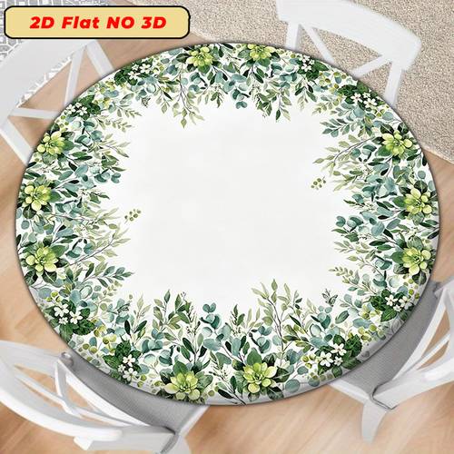 2d flat 1pc round elastic tablecloth eucalyptus green floral border round polyester tablecloth design washable tablecover for dining outdoor picnic gathering festival decoration