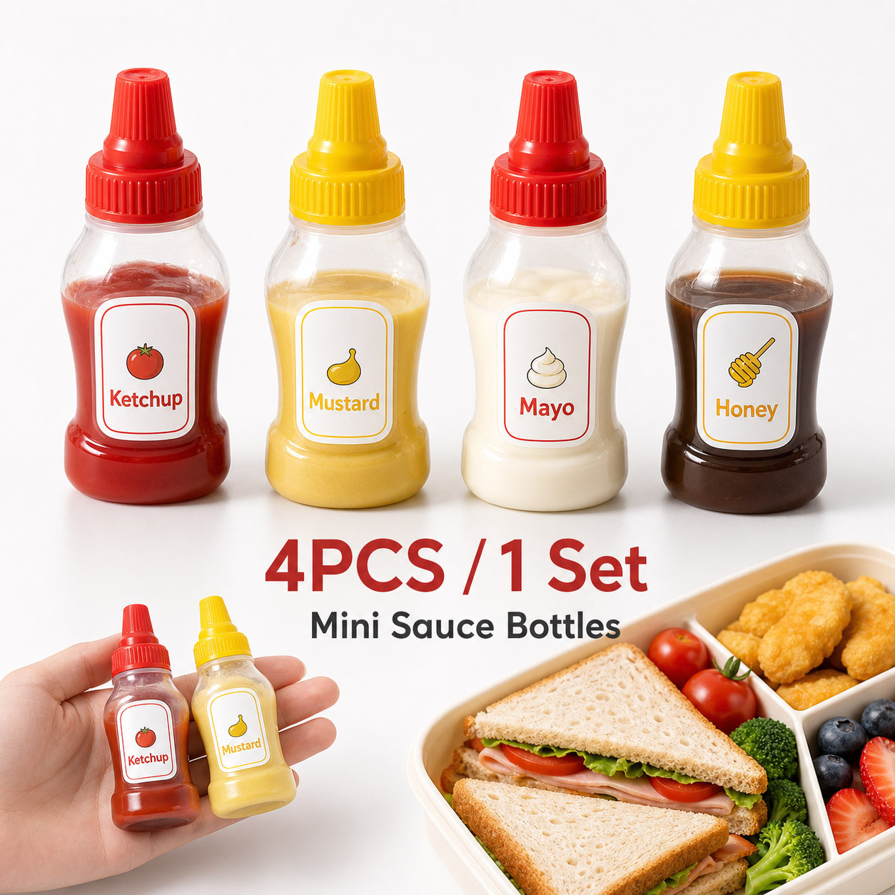 TEMU 4-pack Mini Condiment Squeeze Bottles, Leak-proof Reusable Plastic Sauce Dispensers For Ketchup, Mustard, Mayo, Salad Dressing, Portable For