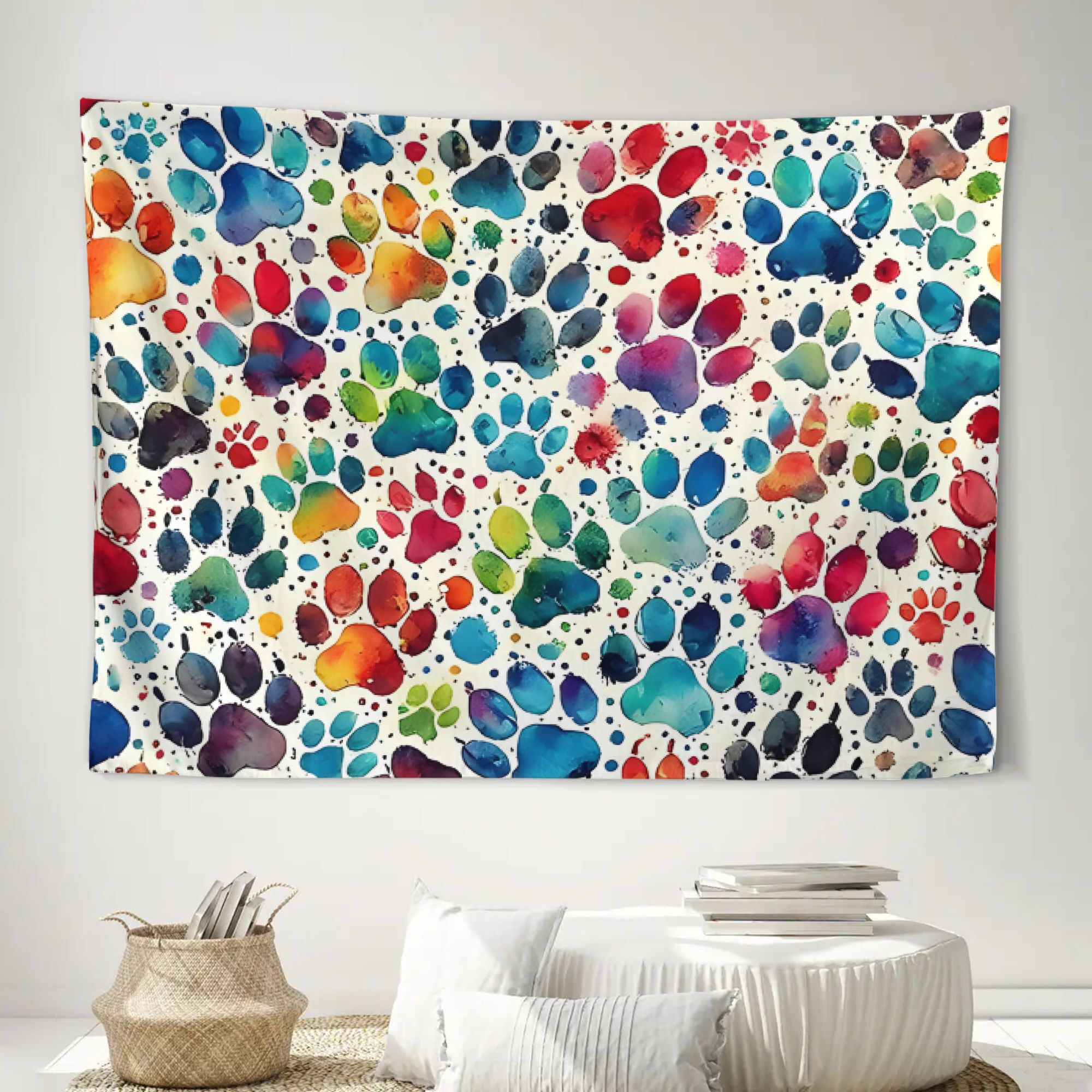 item picture 2d flat   horizontal minimalist watercolor paw print wall hanging tapestry colorful pet themed decor suitable for office room calming with horizontal hanging for wide spaces modern decoration 2d flat