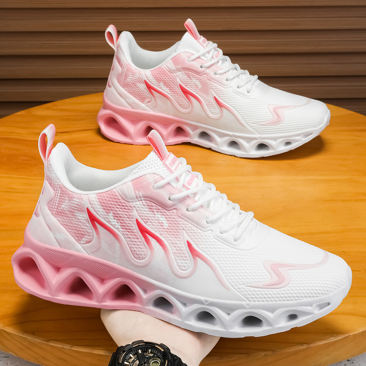 Men's Gradient Breathable Running Shoes, Adjustable White Flat Braided Laces, Stable Hollow Wave Cushion Thick Sole, Training Sneakers For Off-work , Summer Outdoor , Quick-dry Soft Inner Lining