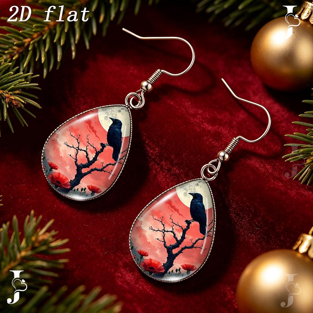 Teardrop Dangle Earrings with Crow Dead Tree Red Poppy Pattern