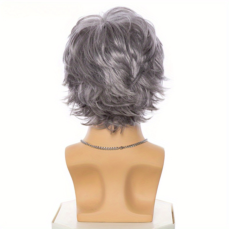 fashionable european and american mens short curly silvery gray synthetic high temperature silk wig cap with a side part details 5