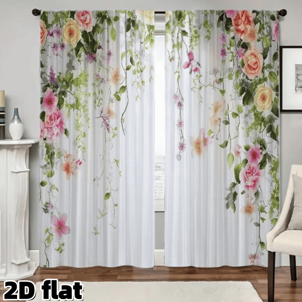TEMU 2d Flat, 2d Flat 2pcs Curtain Set, Pink And Vine Print Rod , Semi-transparent Polyester Fabric, Spring Style, Suitable Living Room, Bedroom,