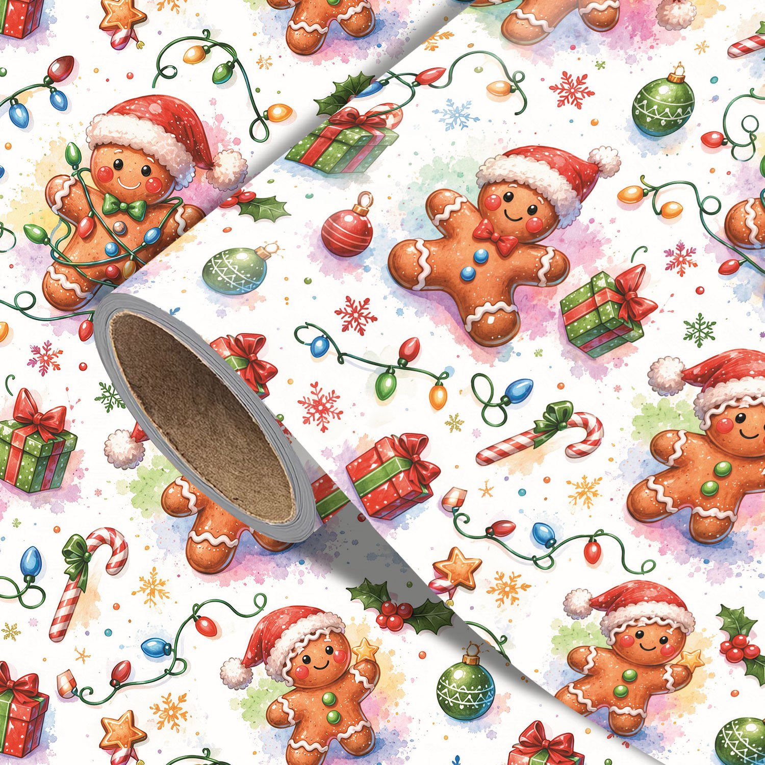 TEMU Rouleau de papier cadeau Noël aquarelle - Mesure 17,7 pouces X 118 pouces, motif homme d'épices, , pin's, parfait pour emballer de Noël, créer
