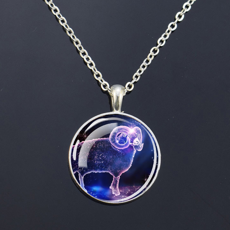 TEMU 1pc Romantic And Purple 12 Constellation Silvery Necklace Exquisite And Fashionable Single Sided Glass Adhesive Circular Pendant Constellation