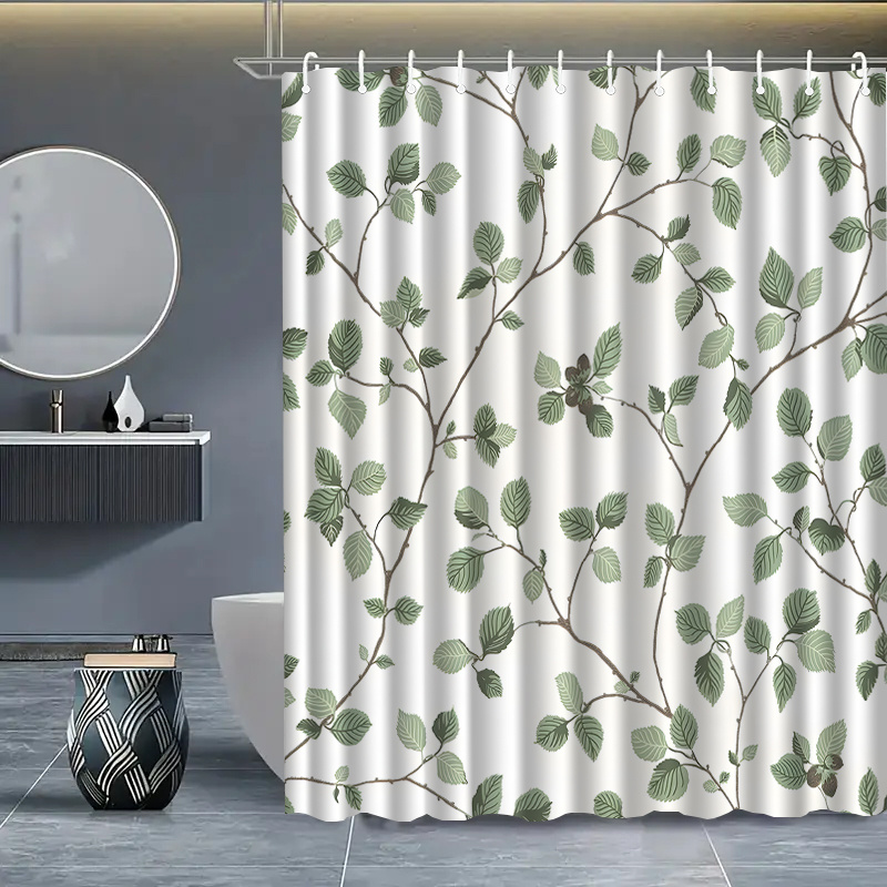 TEMU 2d Flat, 1pc Light Luxury Leaf Pattern Shower Curtain With Hook, Water-washing Shower Curtain, Bathroom Partition, Bathroom Accessories, Home