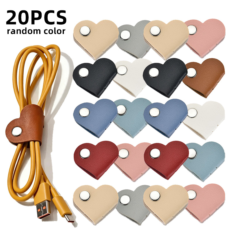 TEMU 20pcs Set, Random Colors, Heart-shaped Pu Leather Cable Ties, Earphone And Cable Storage Box, Battery-free Cable Management Clips, Unisex Cable