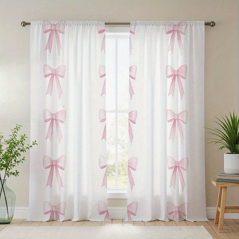TEMU 2pcs Pink Bow Floral Sheer Curtains - 100% Polyester Light Filtering Rod Pocket Curtains For Bedroom, Living Room, Kitchen, Balcony - Rustic